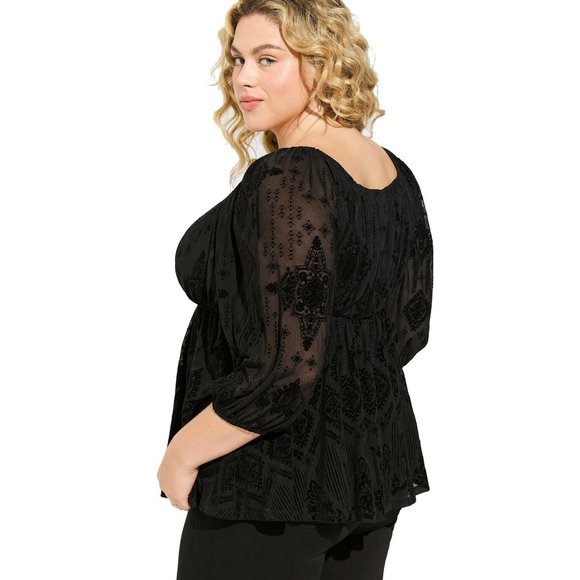 NWT Womens Plus Size 2X Torrid Flocked Mesh Square Neck Puff Sleeve Peasant Top - Picture 3 of 5